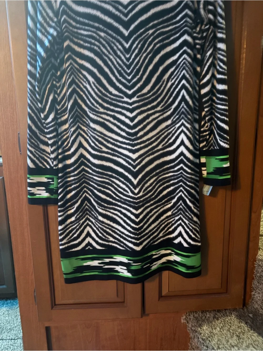 Michael Kors Black and White Zebra-Print Long Sleeve Dress with Green Trim